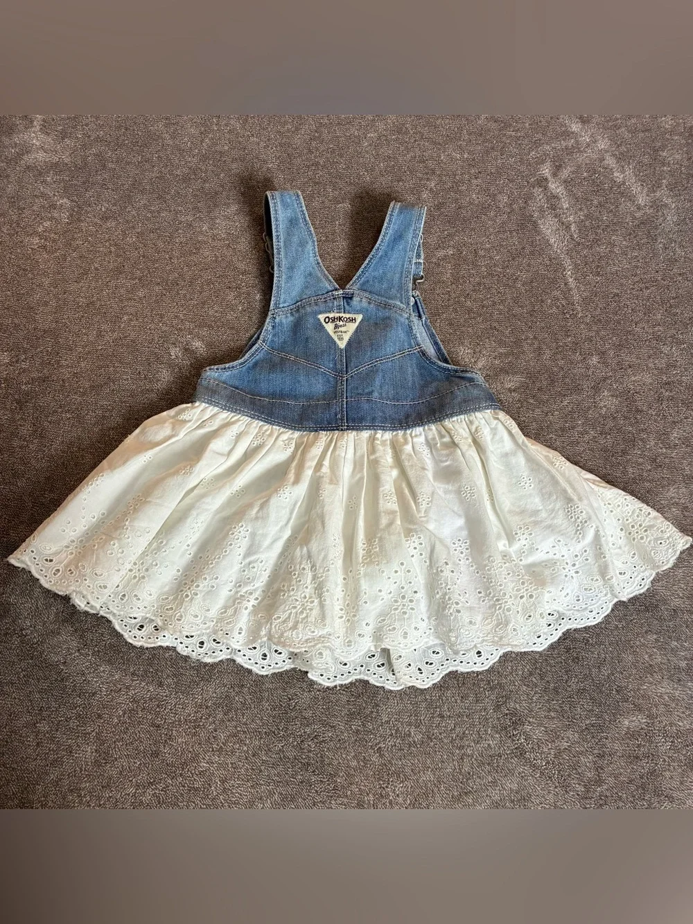 OshKosh B'gosh Denim Bib Jumper Overall Dress White Eyelet Size 18 Months